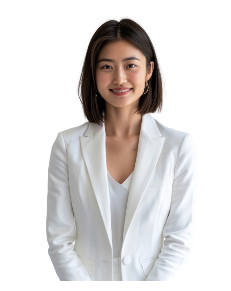 A young woman with shoulder-length dark hair, wearing a white blazer and a white top, smiling at the camera.