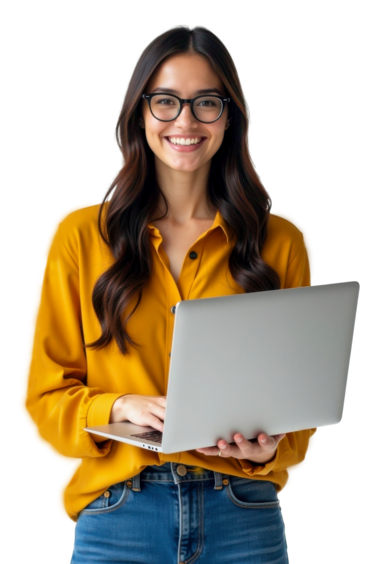 Smiling woman with long dark hair, glasses, wearing a yellow shirt, holding a silver laptop.