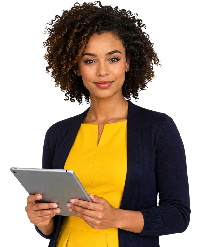 A woman with curly hair wearing a yellow dress and navy blazer holding a tablet.