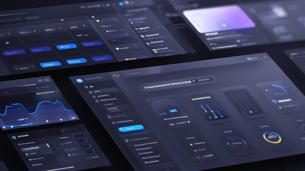 Advanced digital interface with blue and black controls, graphs, and icons for simulation training, highlighting BlueLine Simulations' innovative technology.