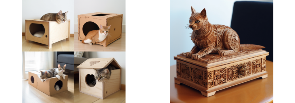 A cozy wooden cat house with a small opening, featuring a cat sitting inside and another lying outside, placed on a light-colored floor.