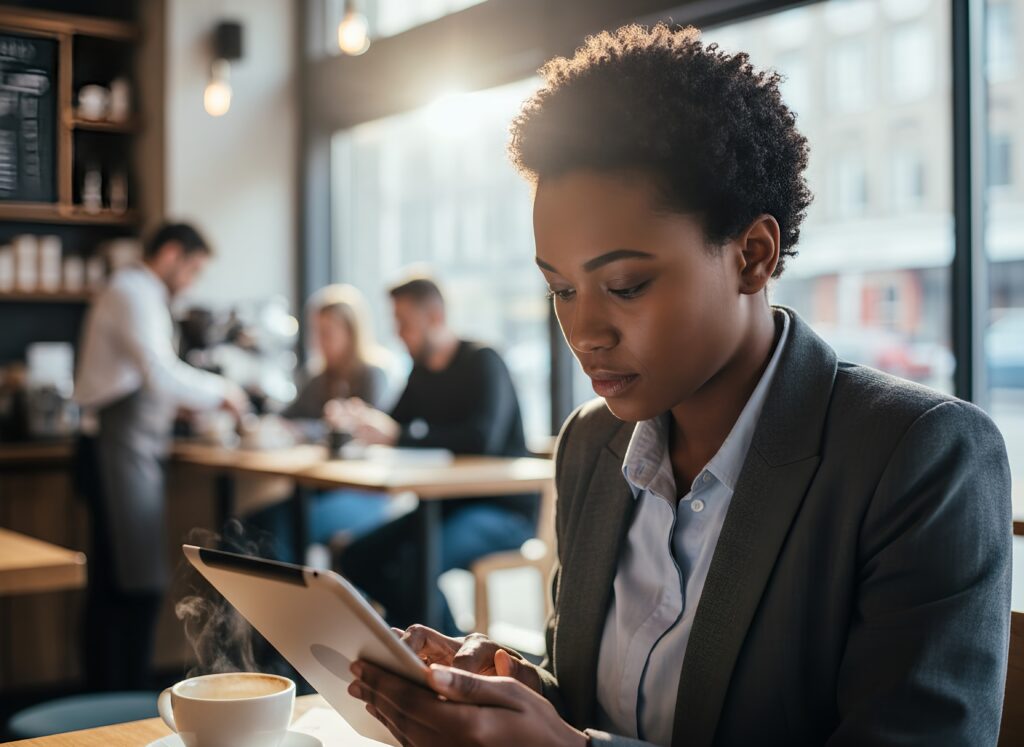 A woman with short curly hair in a business suit using a tablet in a cafe.