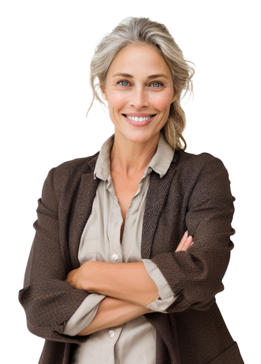 woman in business casual clothes with arms crossed smiling at camera