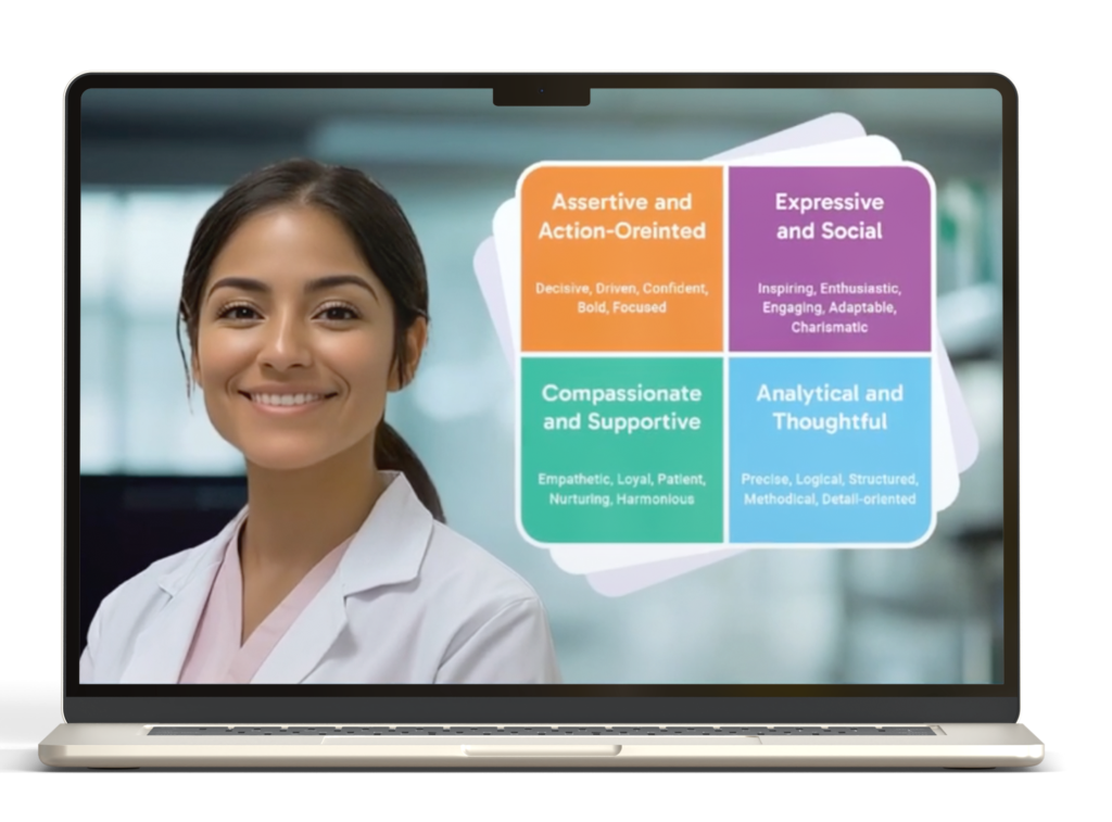A smiling woman in a white lab coat standing in front of a digital display with four colorful boxes describing personality traits.