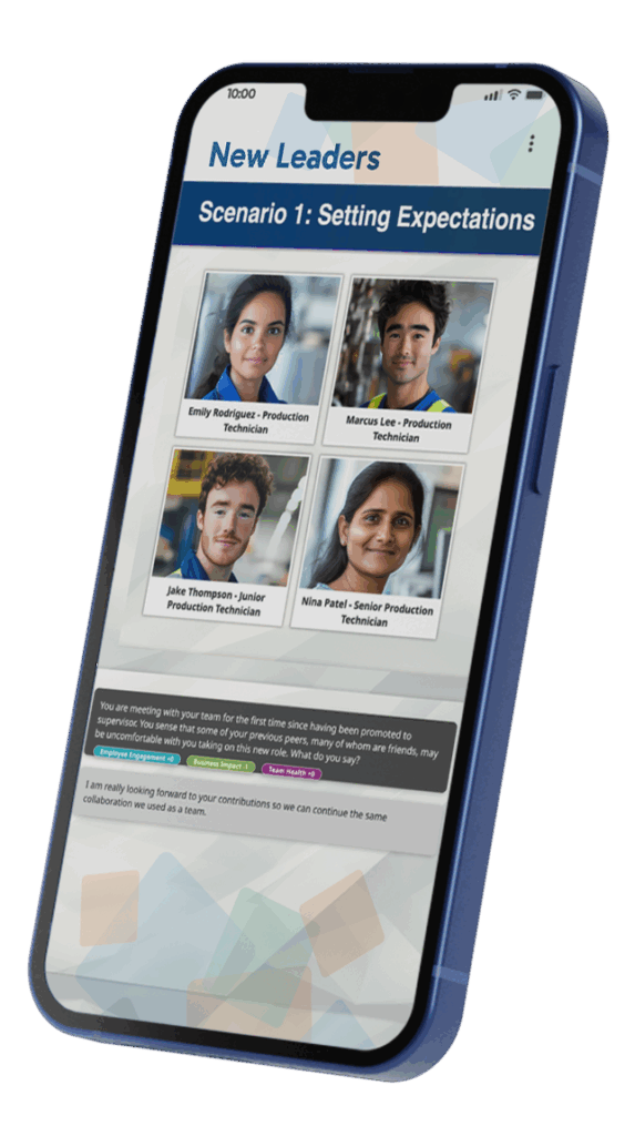 A young woman and three young men displayed on a smartphone screen, each with their name and role, under the heading "New Leaders" and "Scenario 1: Setting Expectations.".
