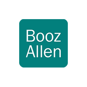 Booz Allen logo with teal background and white text reading "Booz Allen".
