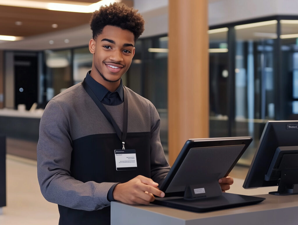 Young man with curly hair smiling at the camera while working at a reception desk in a modern office environment.